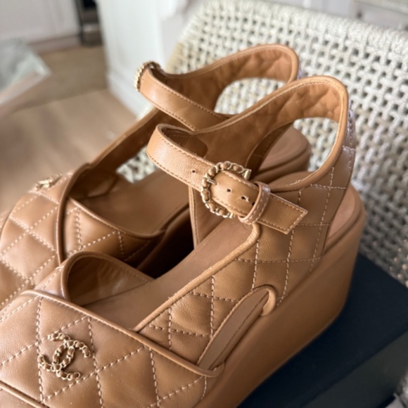 Authentic Chanel Gold Lambskin Platform Sandals - Picture 3 of 7